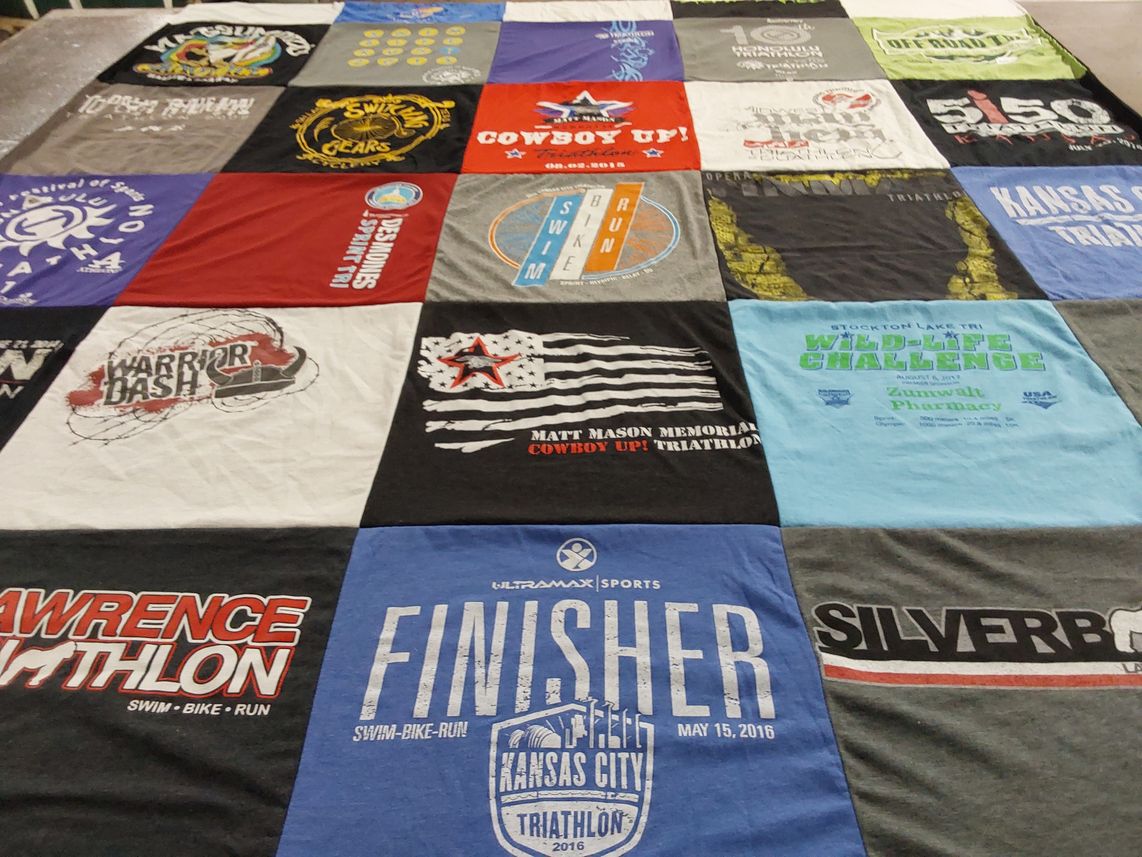 T-shirt quilt with triathlon, sports themes by Dezaray from MO
