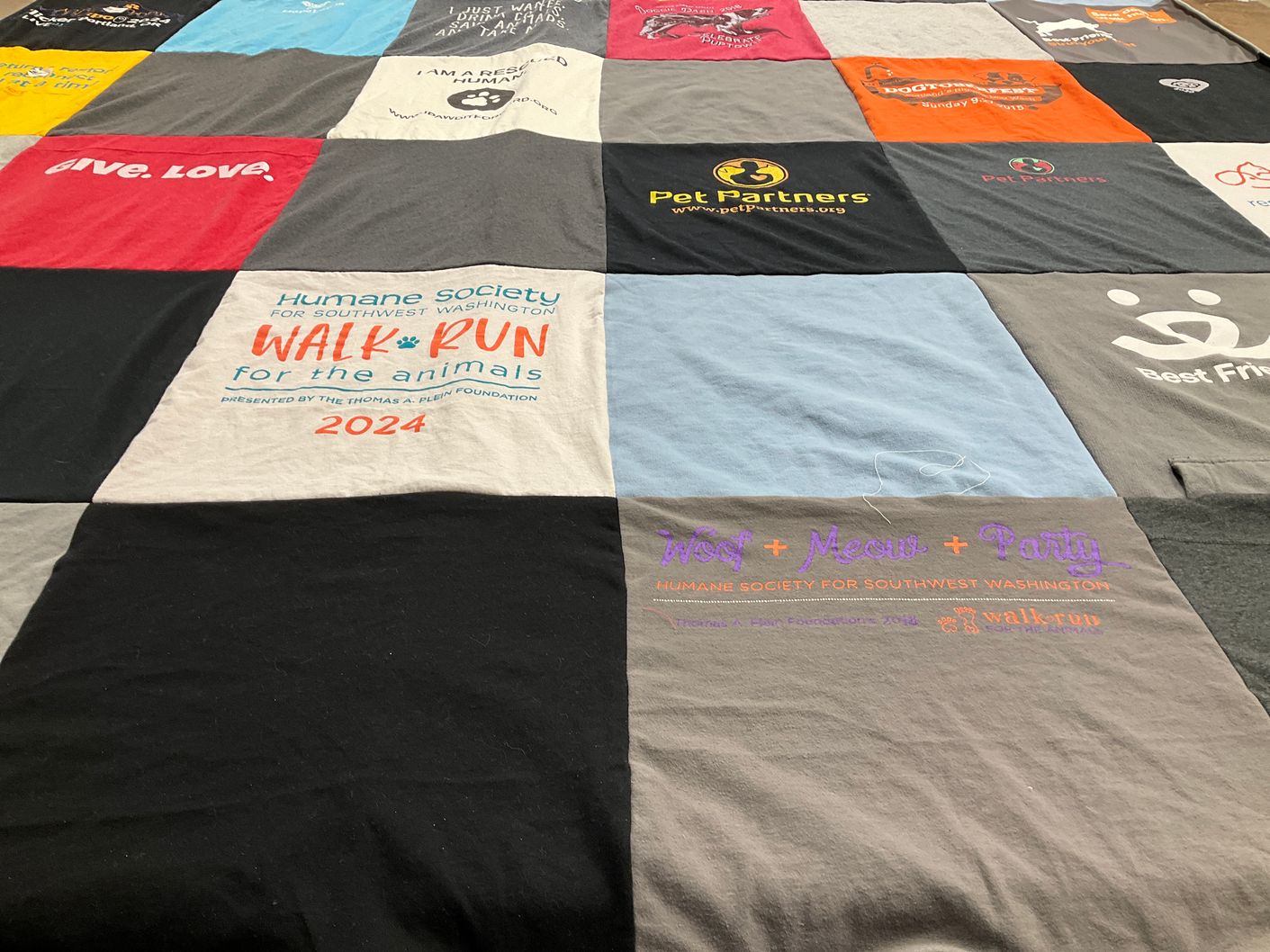 T-shirt quilt with animal welfare, pet care themes by Debra from WA