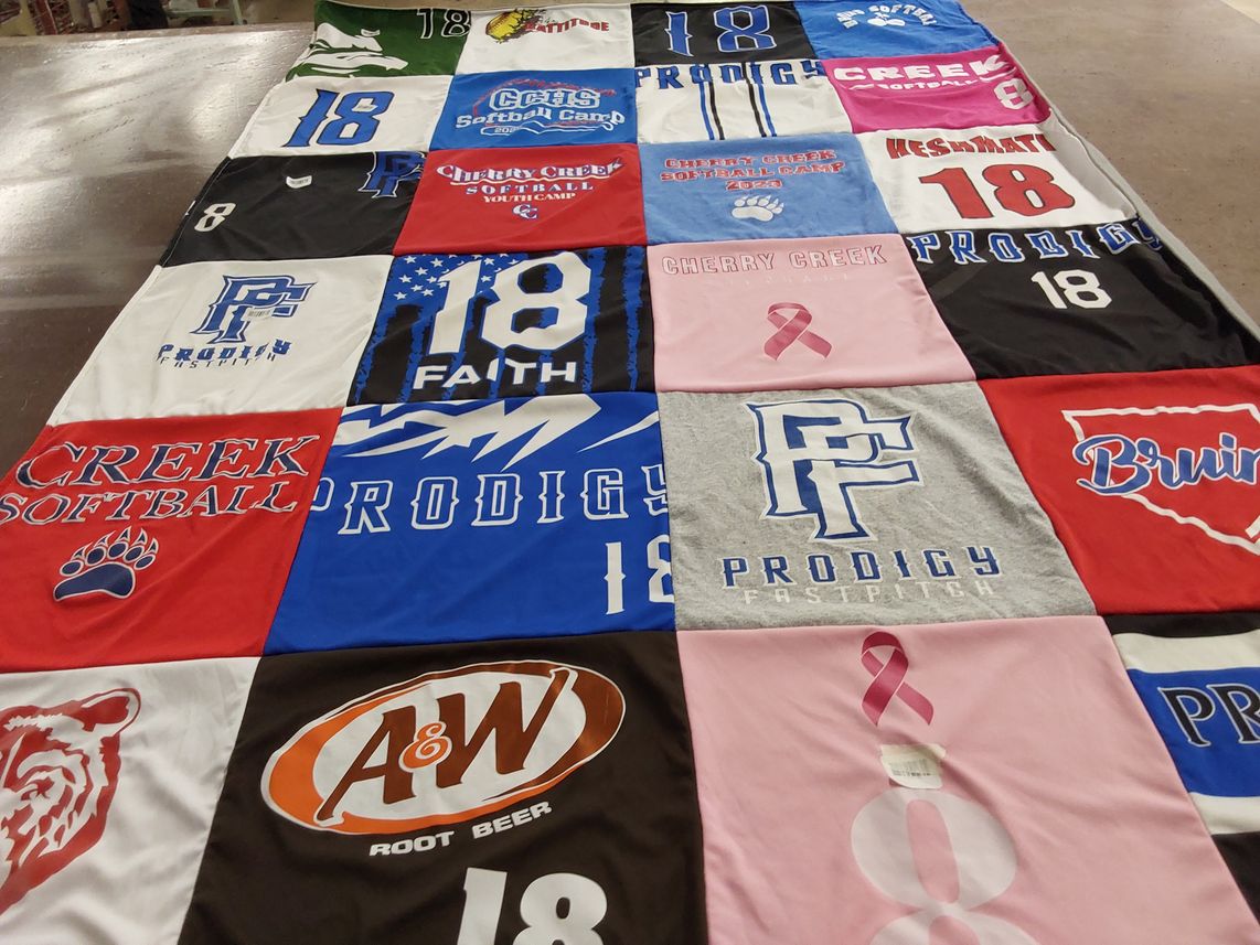 T-shirt quilt featuring cherry creek softball by Armann from CO