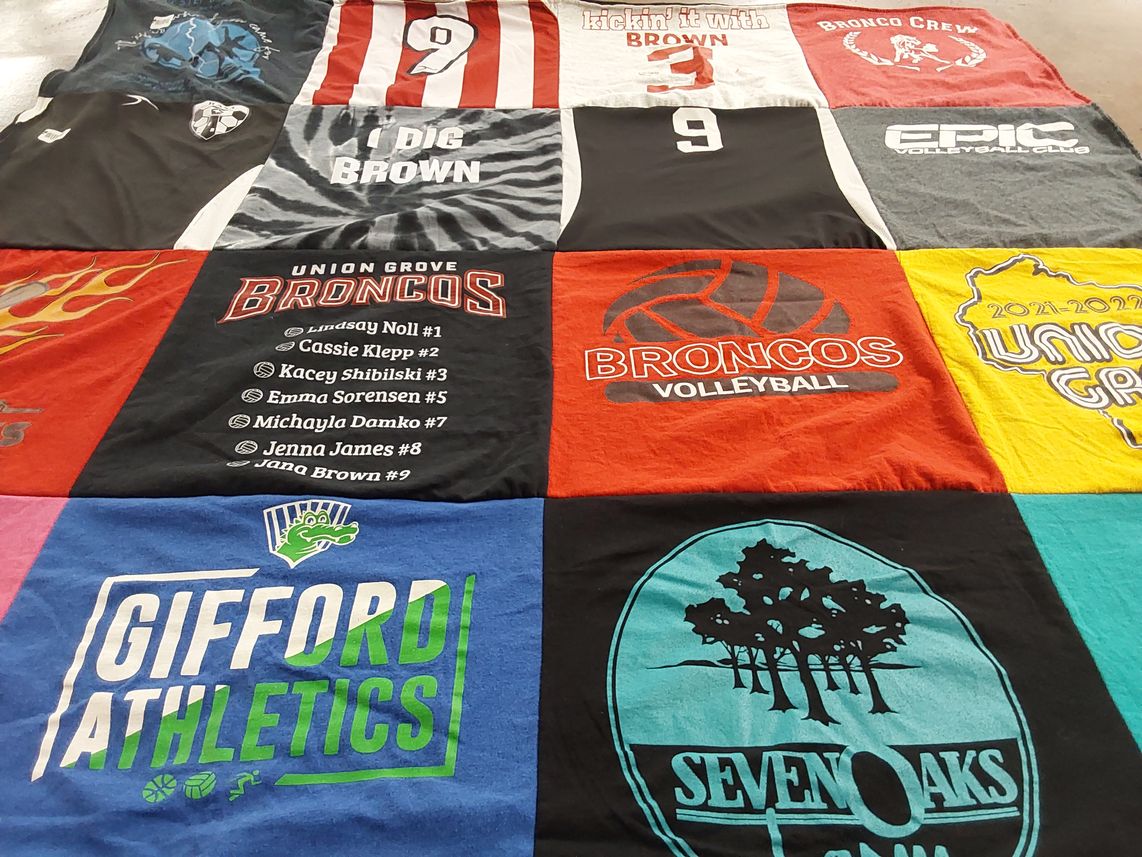 T-shirt quilt featuring union grove broncos, gifford athletics by Elizabeth from WI