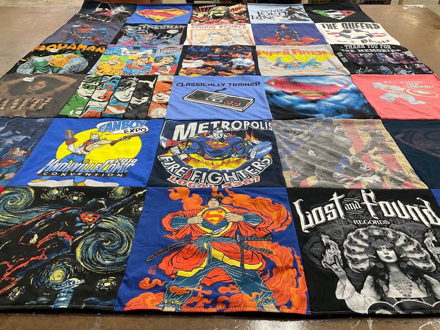 T-shirt quilt with comic books, superheroes themes by Julian from TN