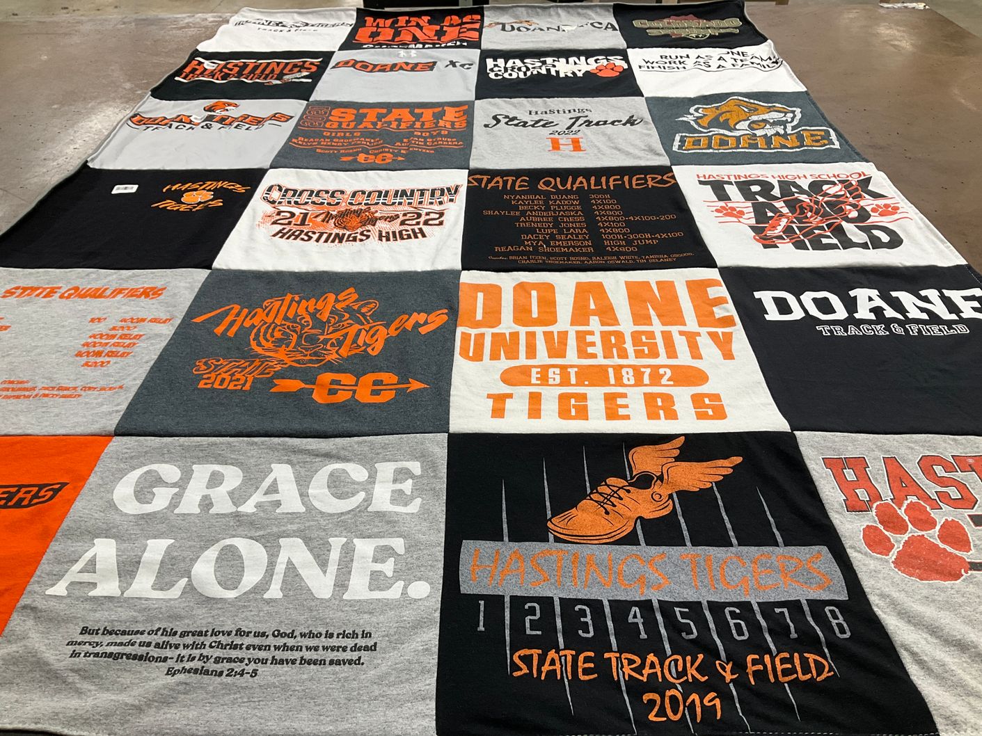 T-shirt quilt featuring doane university tigers, hastings tigers by Shawna from NE