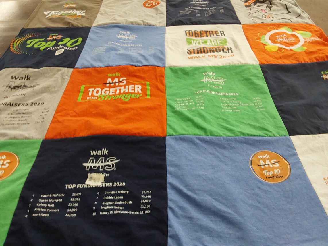 T-shirt quilt with fundraising, multiple sclerosis themes by Christine from MA