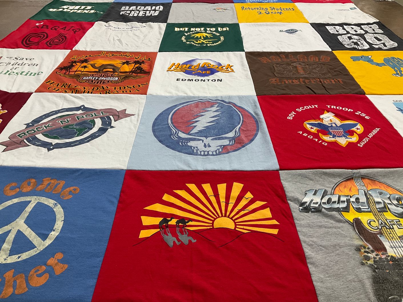 T-shirt quilt with music, motorcycles themes by Donna from CO