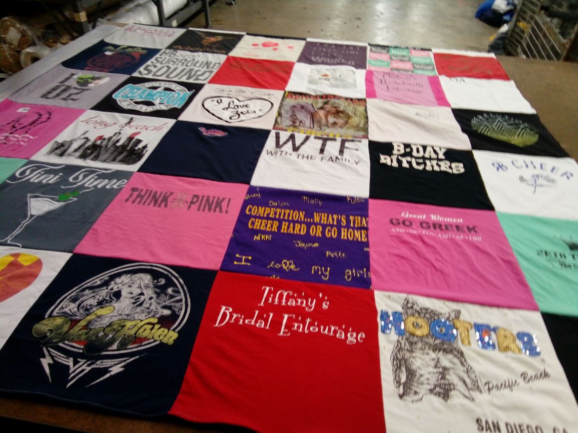 T-shirt quilt with cheerleading, bridal parties themes by nancy from CA