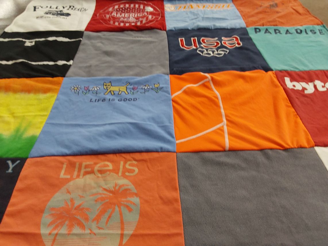 T-shirt quilt with outdoors, travel themes by Joni from NV
