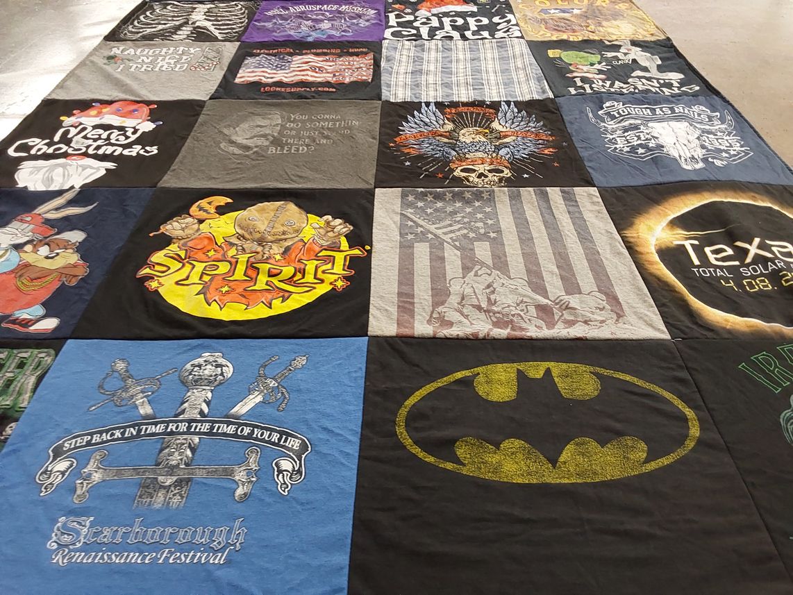 T-shirt quilt with halloween, comic books themes by Charlene from TX