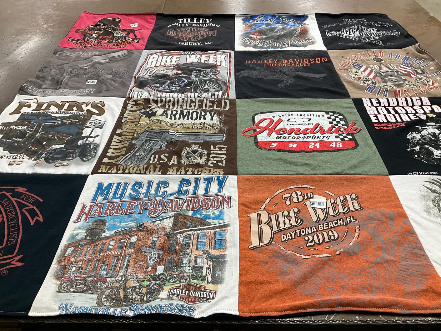 T-shirt quilt with motorcycles, motorcycling themes by Michelle from OH