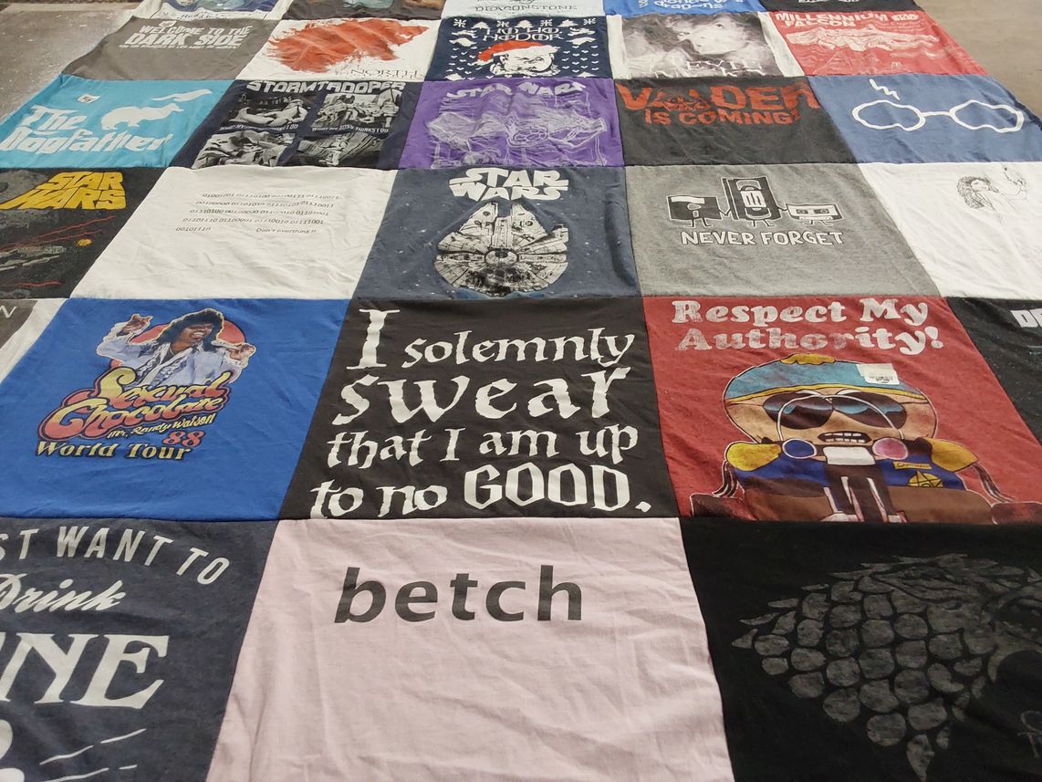 T-shirt quilt with star wars, comedy themes by Craig from FL