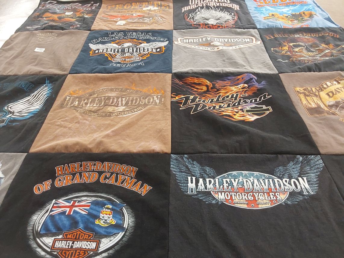 T-shirt quilt with motorcycles, biking themes by Carol from AZ