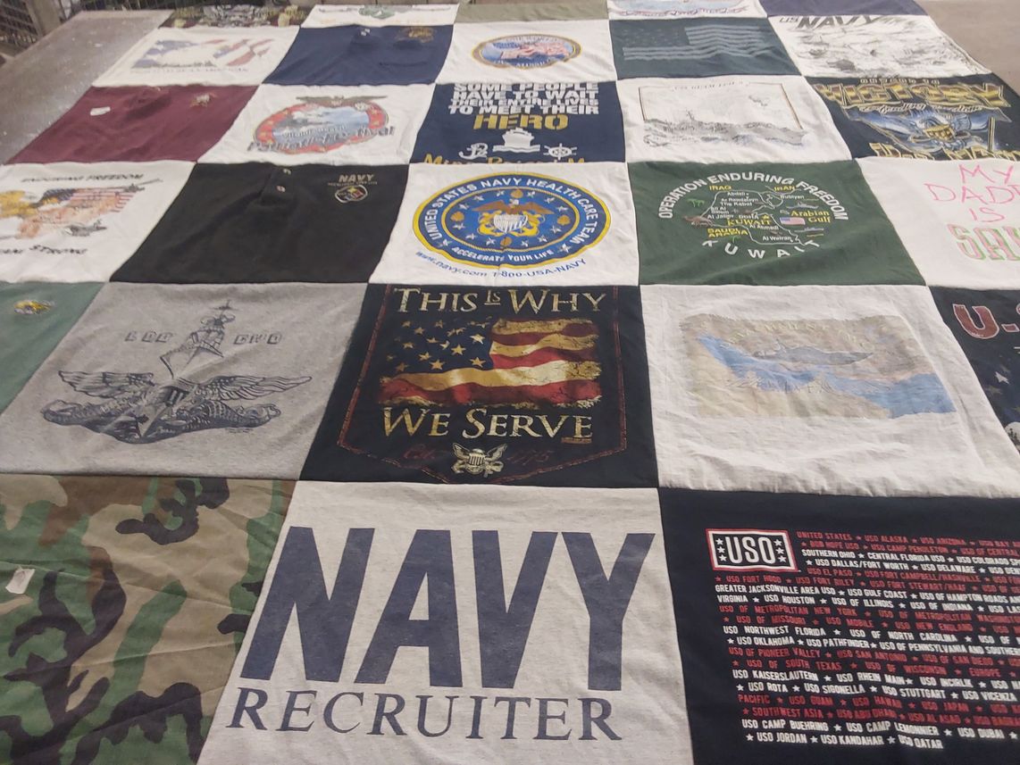 T-shirt quilt with military, navy themes by Jodi from OH