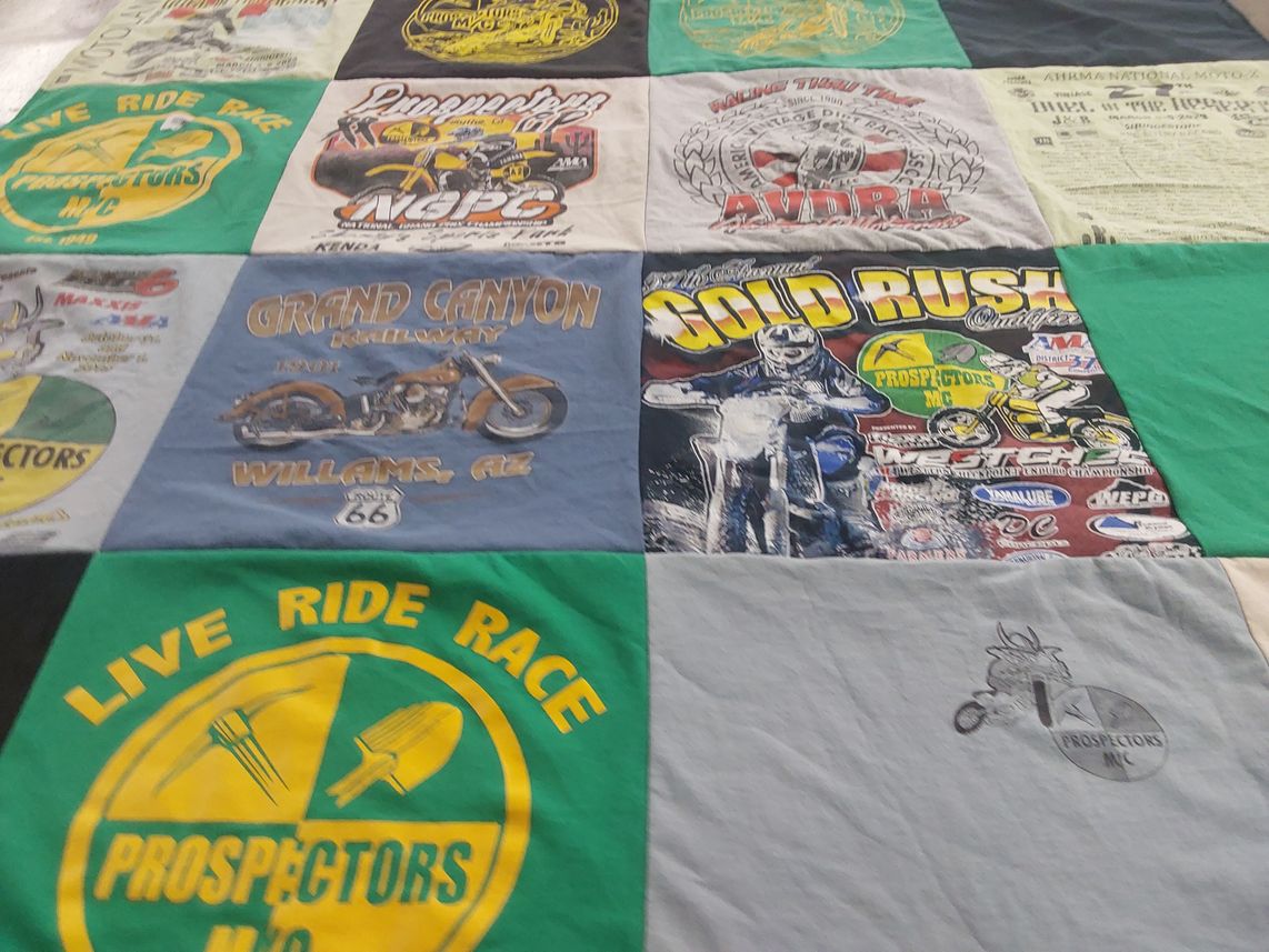 T-shirt quilt with motorcycling, racing themes by Janet from AZ
