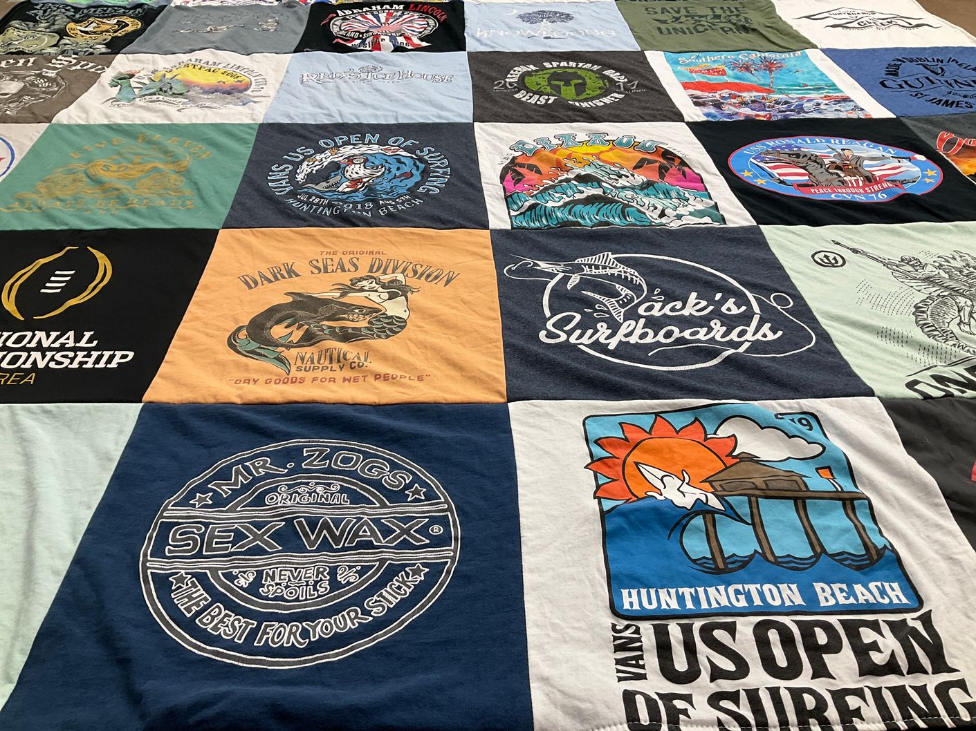 T-shirt quilt with surfing, beach sports themes by Steve from AZ