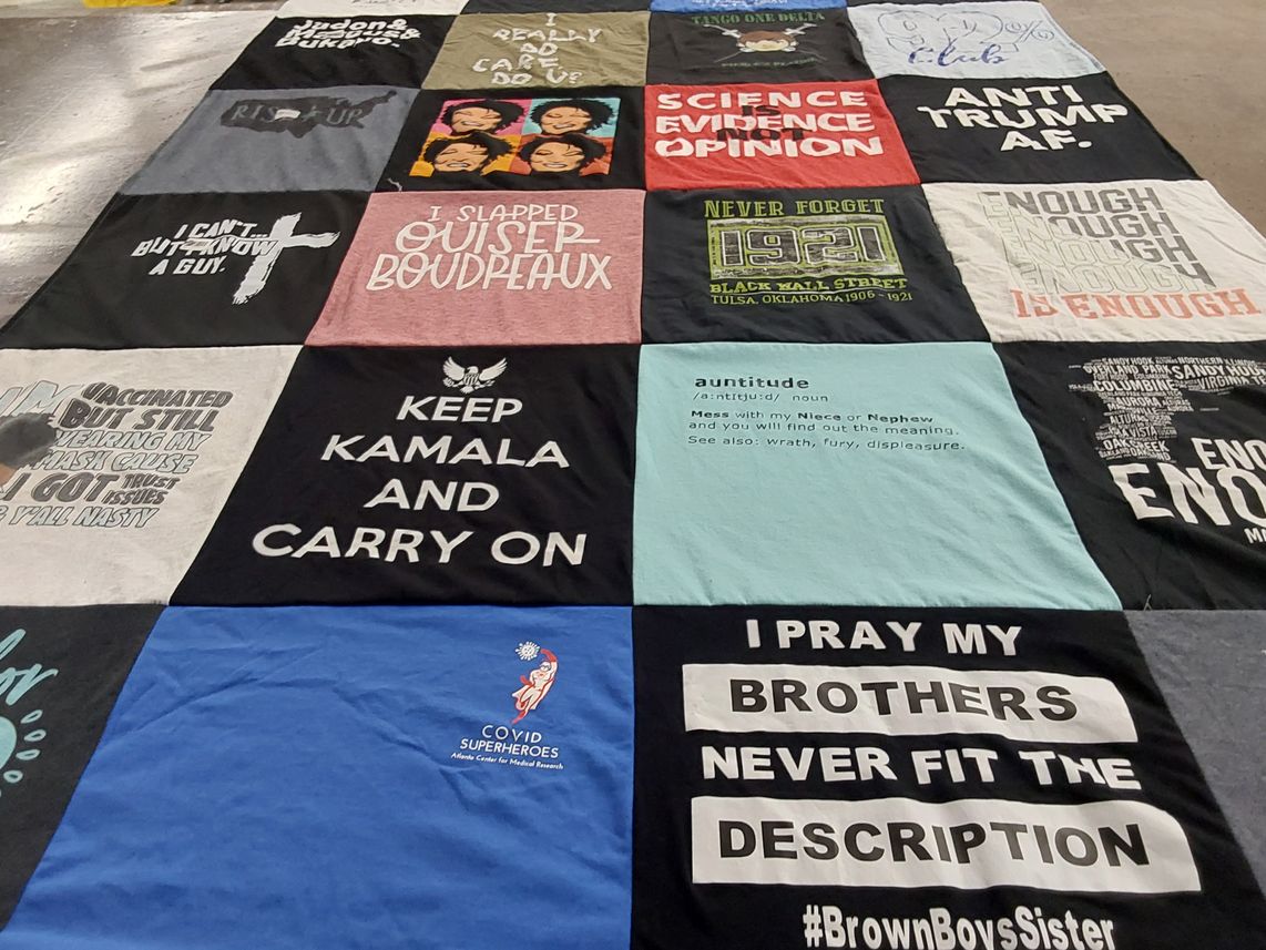 T-shirt quilt with activism, social justice themes by Carmen from GA