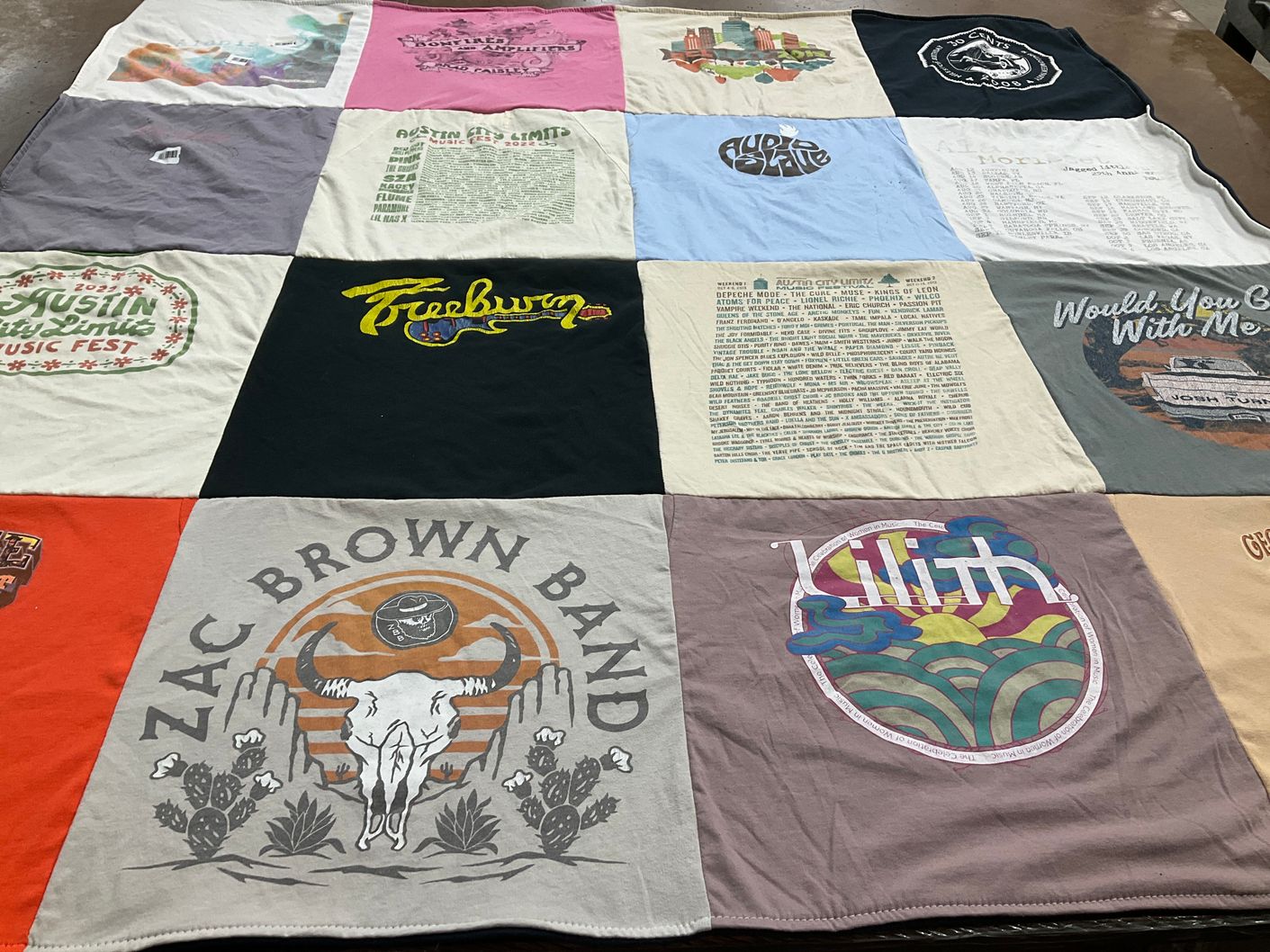 T-shirt quilt with music festivals, live music themes by Jennifer from TX