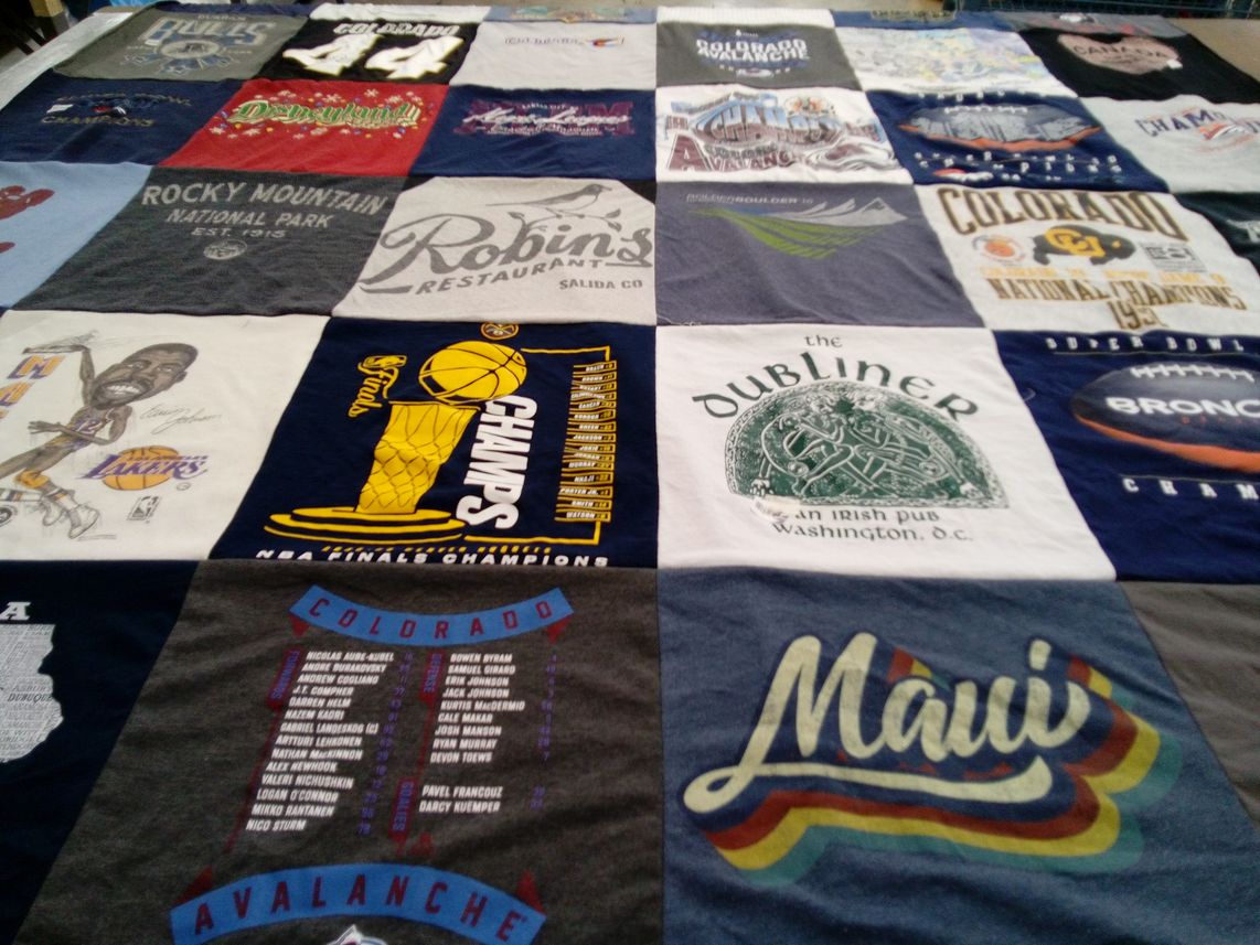 T-shirt quilt featuring denver broncos, los angeles lakers by Angela from CO