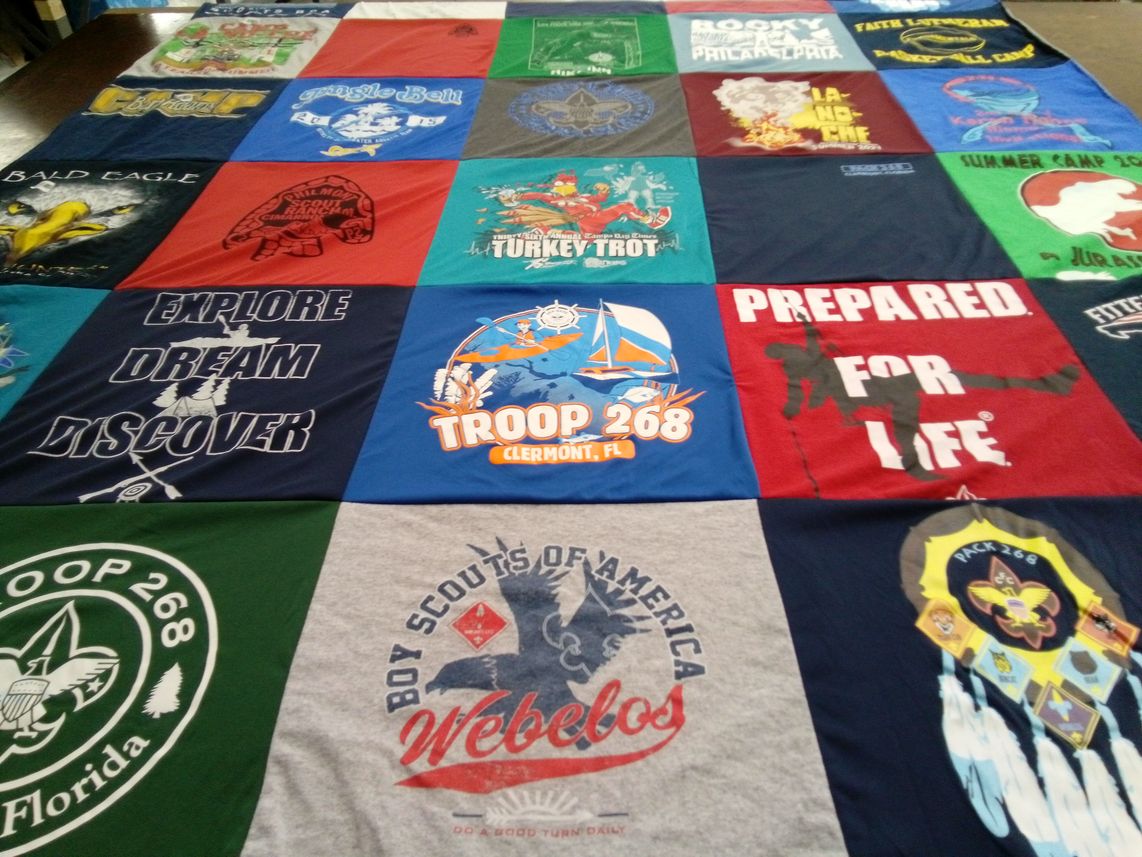 T-shirt quilt with scouting, outdoor activities themes by Sharon from FL