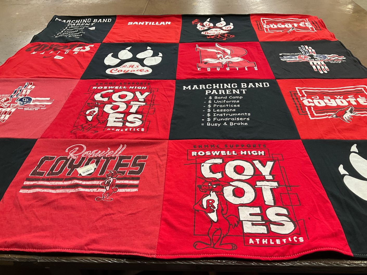 T-shirt quilt featuring roswell high school coyotes by Miranda from TX
