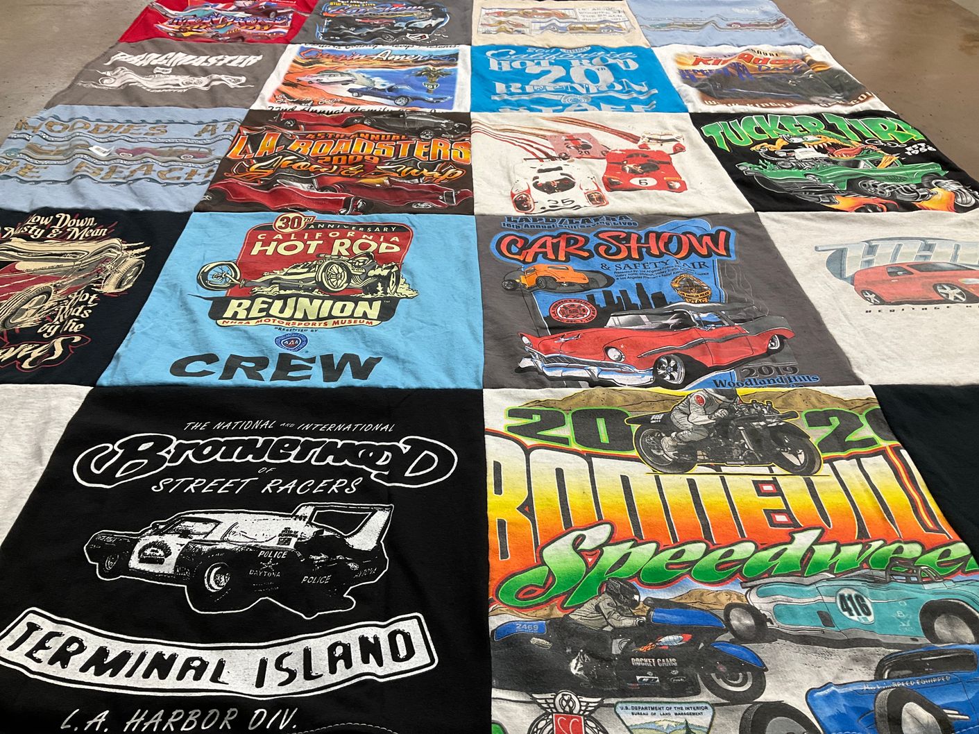 T-shirt quilt with cars, hot rods themes by Robert from CA