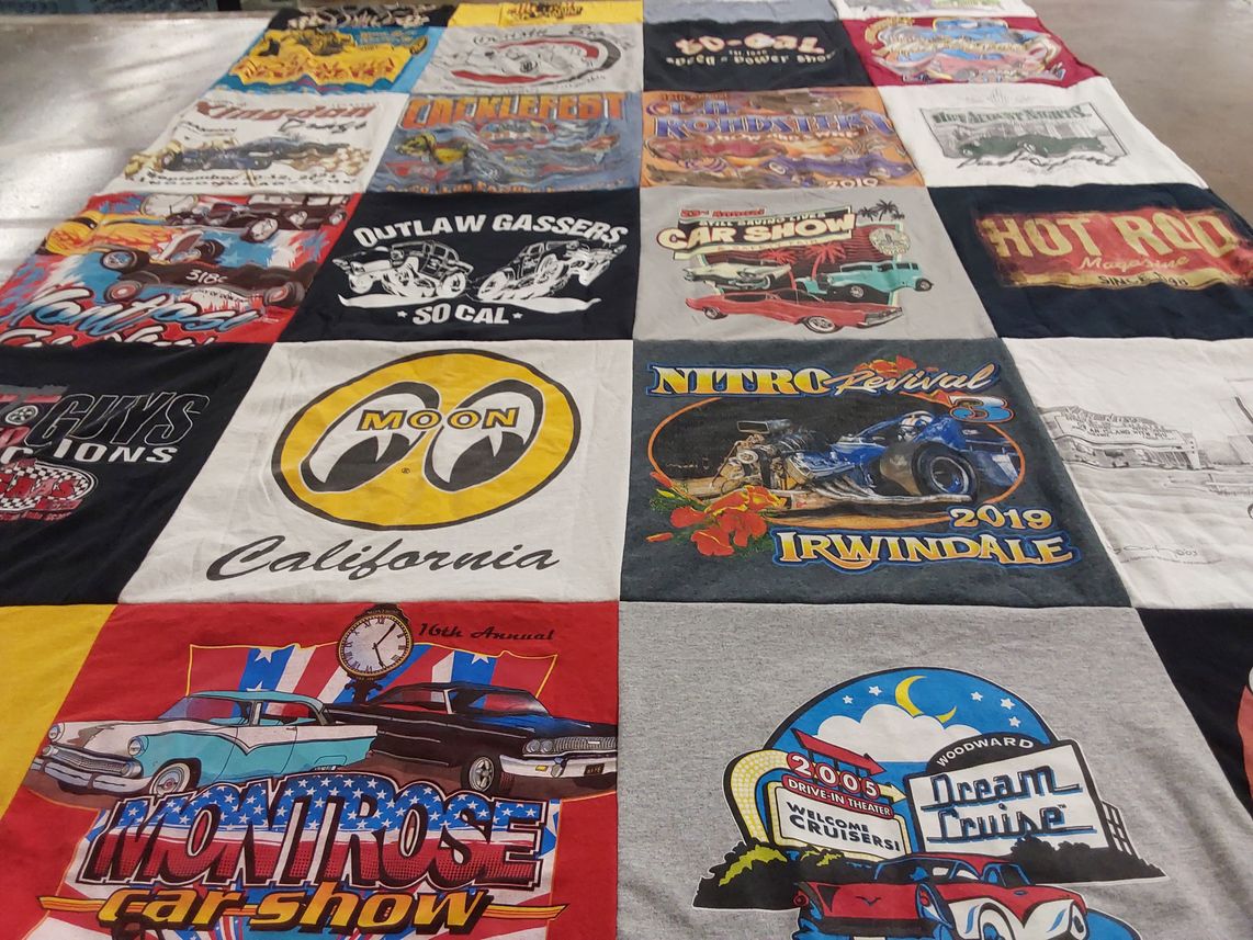 T-shirt quilt with car shows, collecting cars themes by Robert from CA