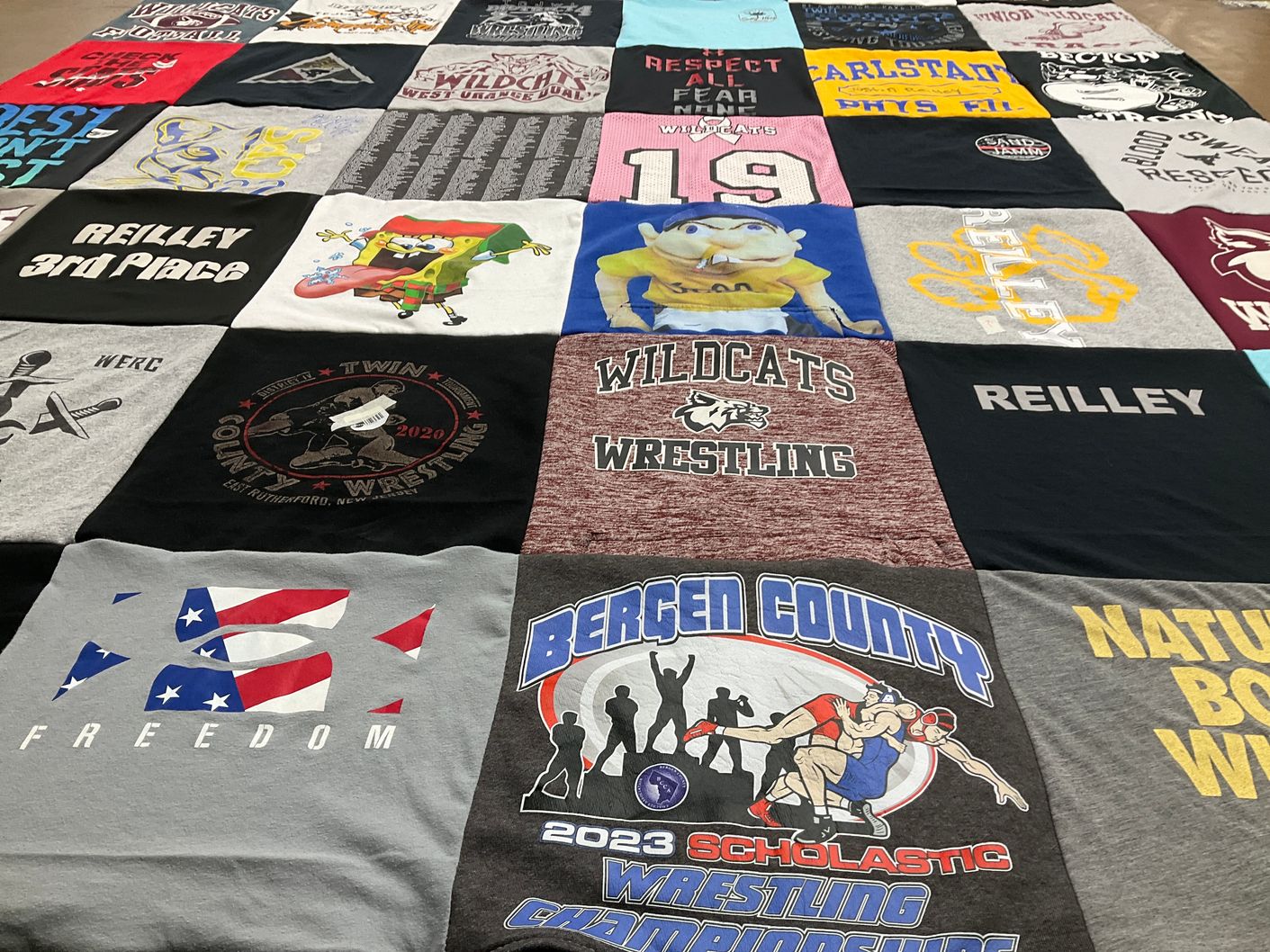 T-shirt quilt featuring wildcats wrestling, twin county wrestling by Nancy from NJ