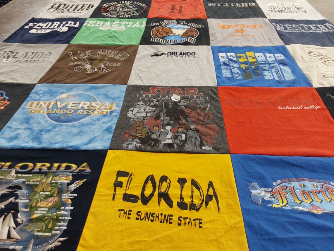 T-shirt quilt with theme parks, travel themes by Kevin from WI