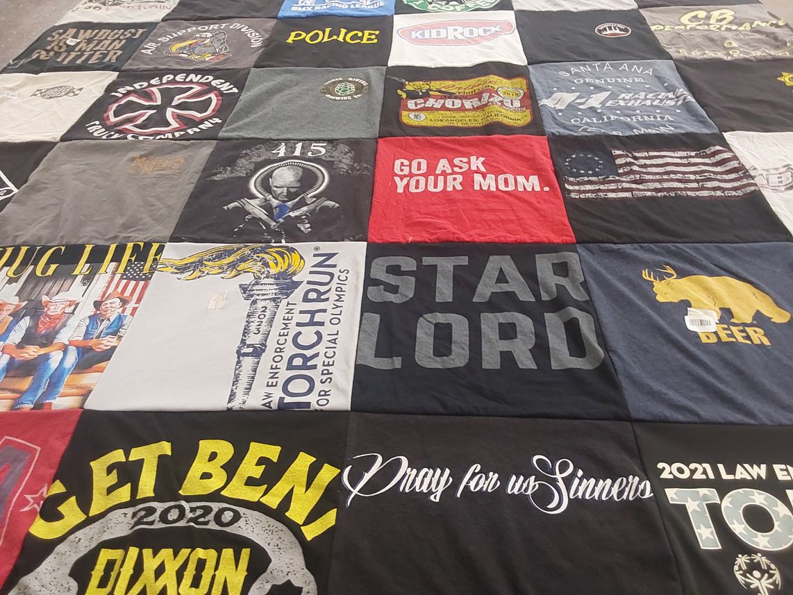 T-shirt quilt with law enforcement, special olympics themes by Tara from CA