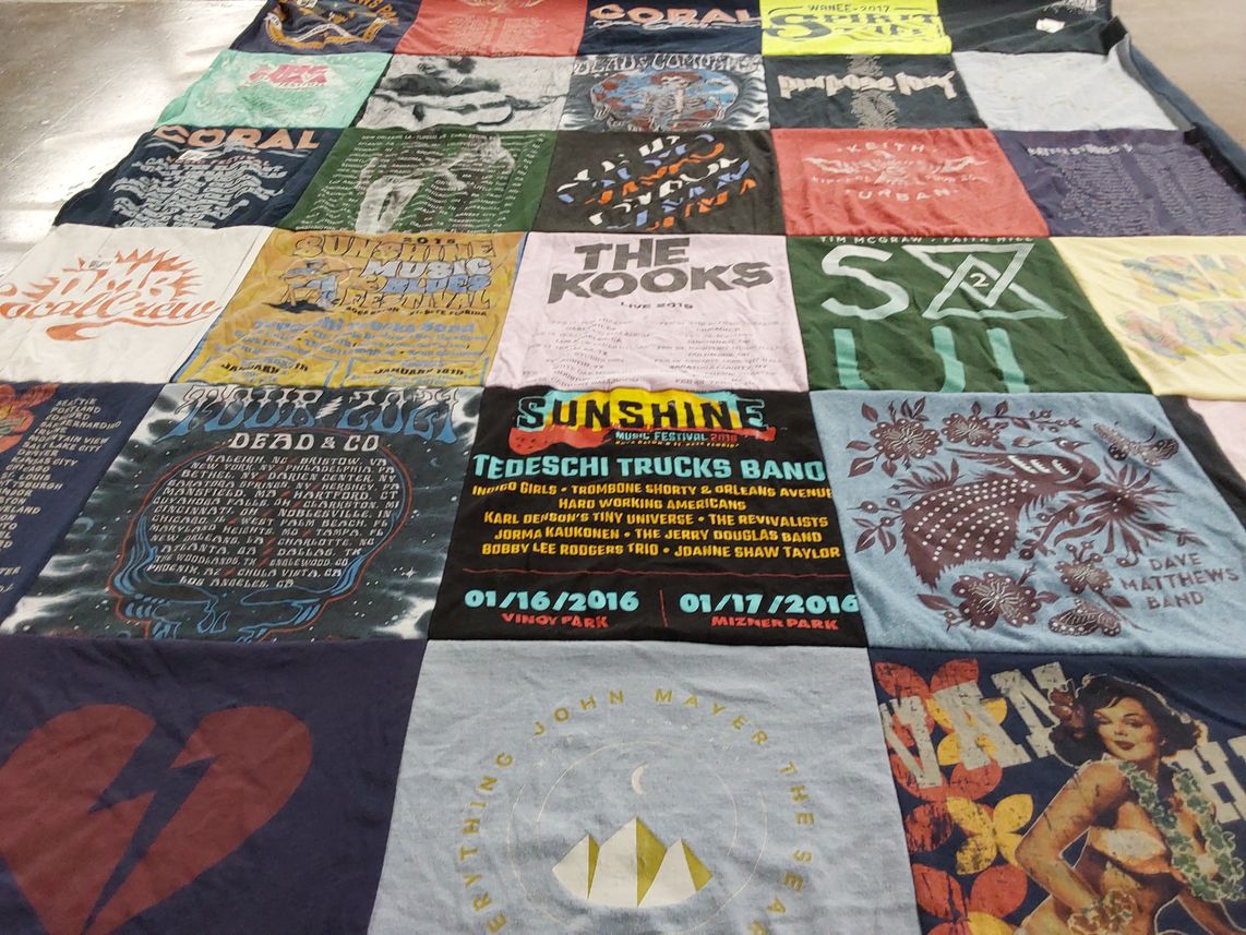 T-shirt quilt with music, concerts themes by Rebecca from CT