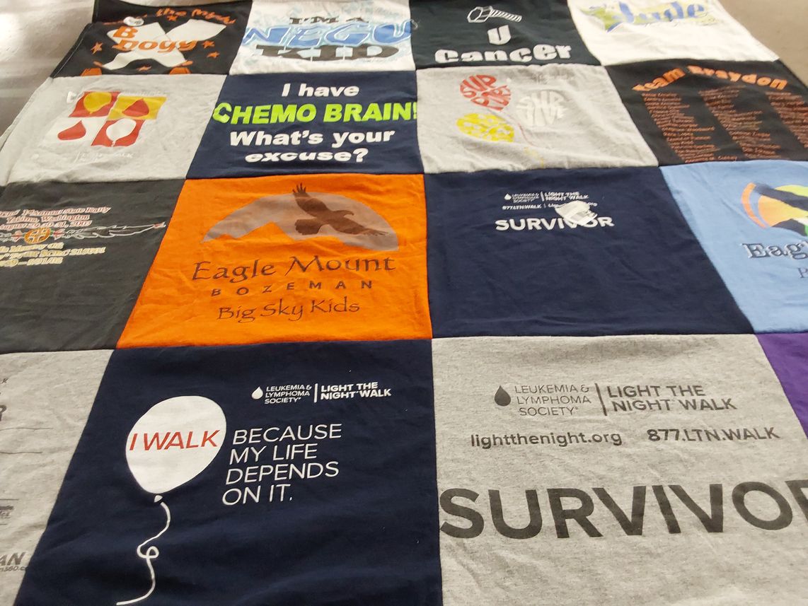 T-shirt quilt with cancer awareness, charity themes by Renae from WA