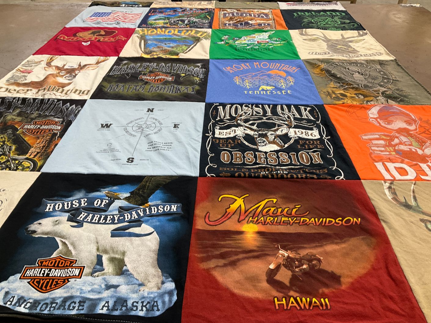 T-shirt quilt with motorcycling, hunting themes by Ashley from MS