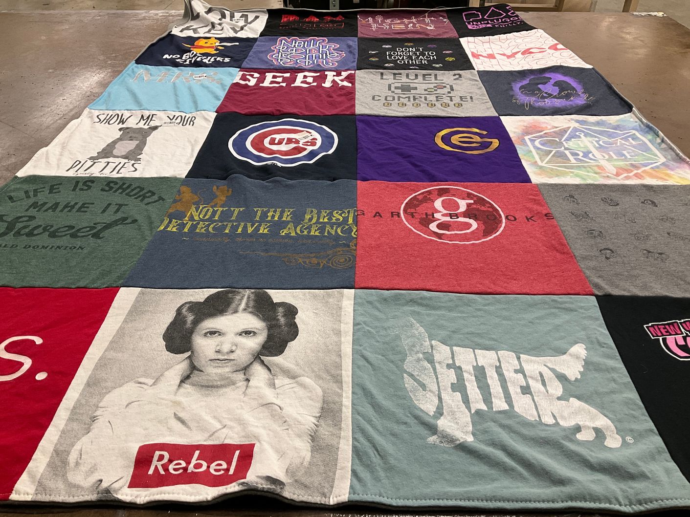 T-shirt quilt with geek culture, gaming themes by Kimberly from NJ