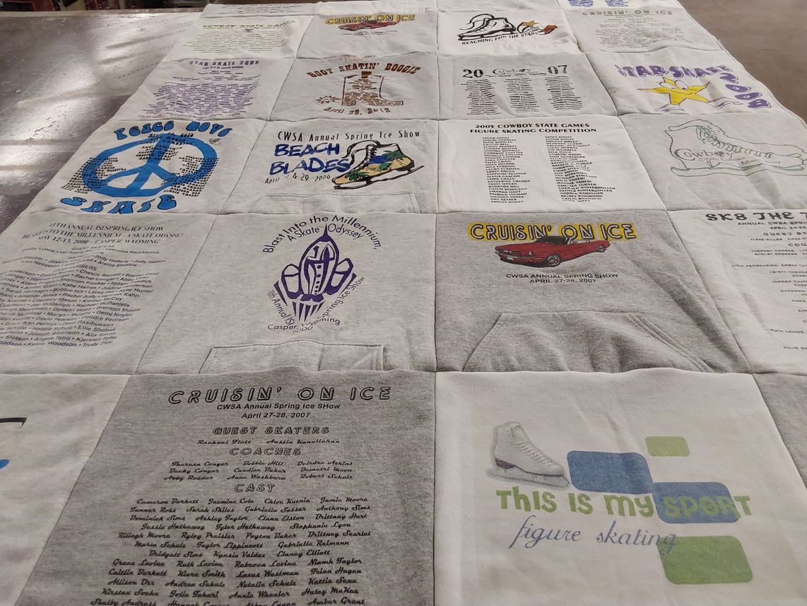 T-shirt quilt with ice skating themes by Vicki from WY