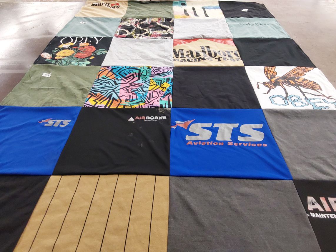 T-shirt quilt with aviation themes by Yvette from FL
