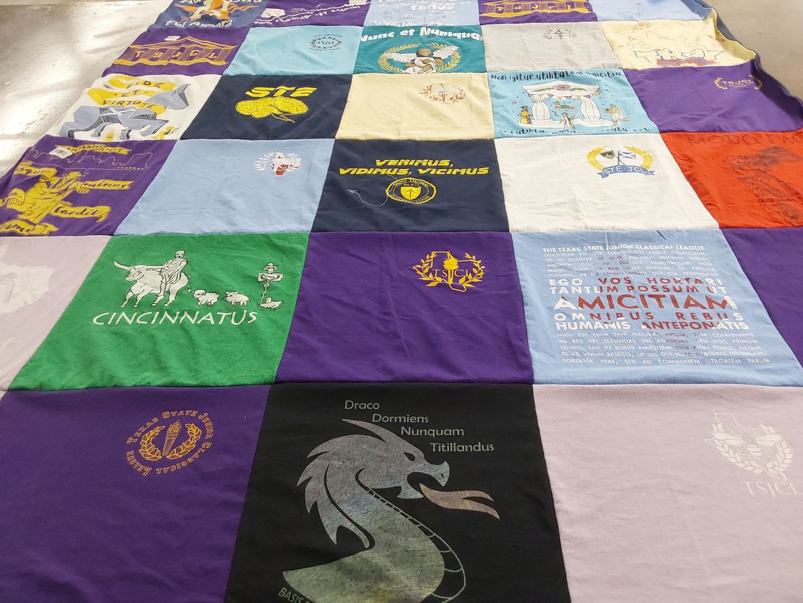T-shirt quilt with classical studies, literature themes by Janet from TX
