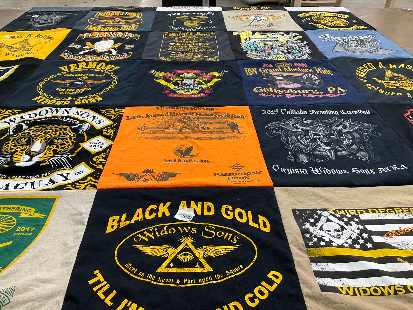 T-shirt quilt with motorcycles, masonry themes by William from MA