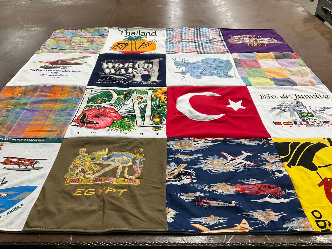 T-shirt quilt with travel, history themes by Dawn from TX