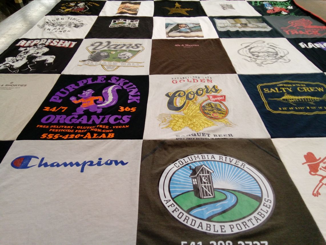 T-shirt quilt with vegan, craft beer themes by Estela from OR