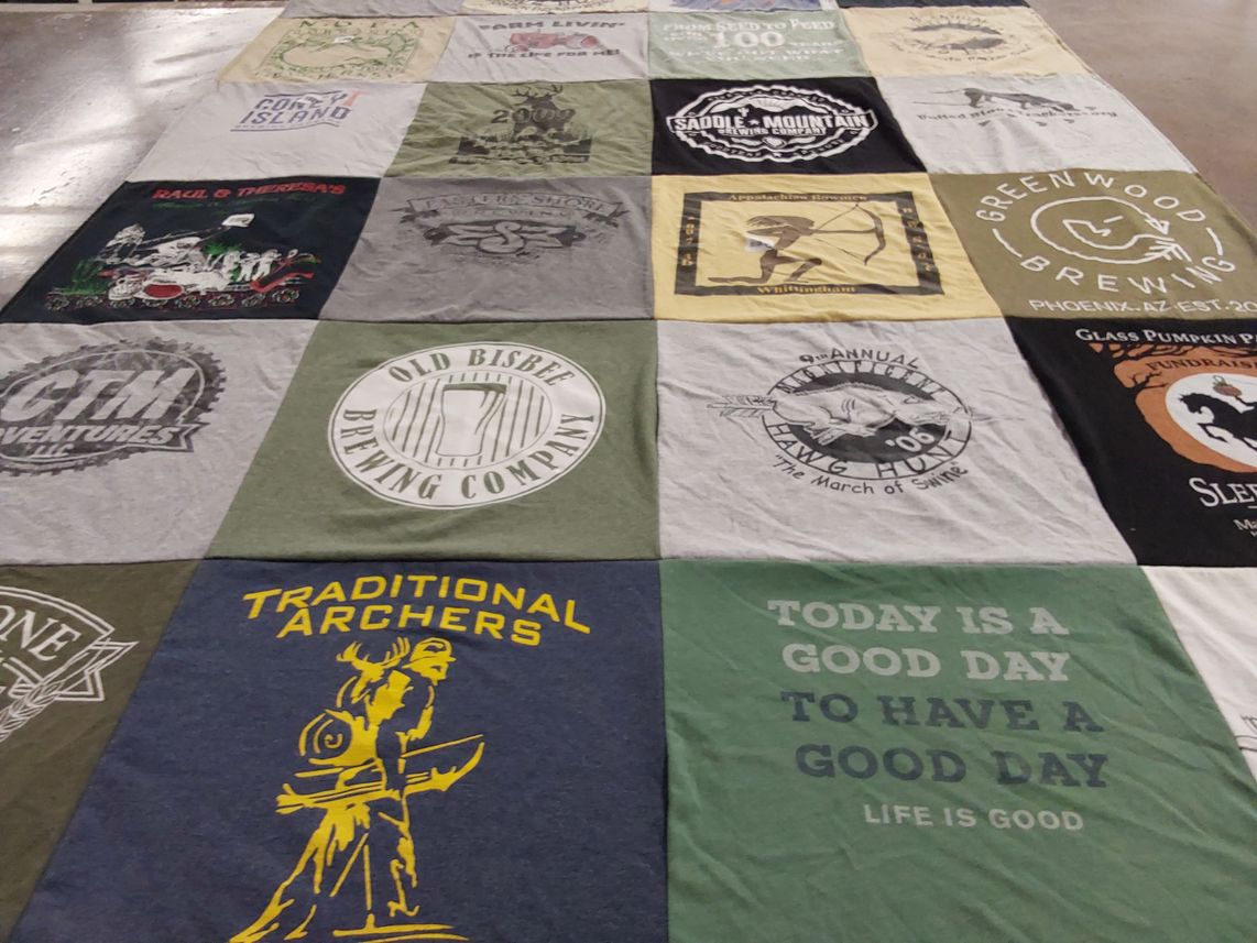 T-shirt quilt with brewing, outdoors themes by Richard from NJ