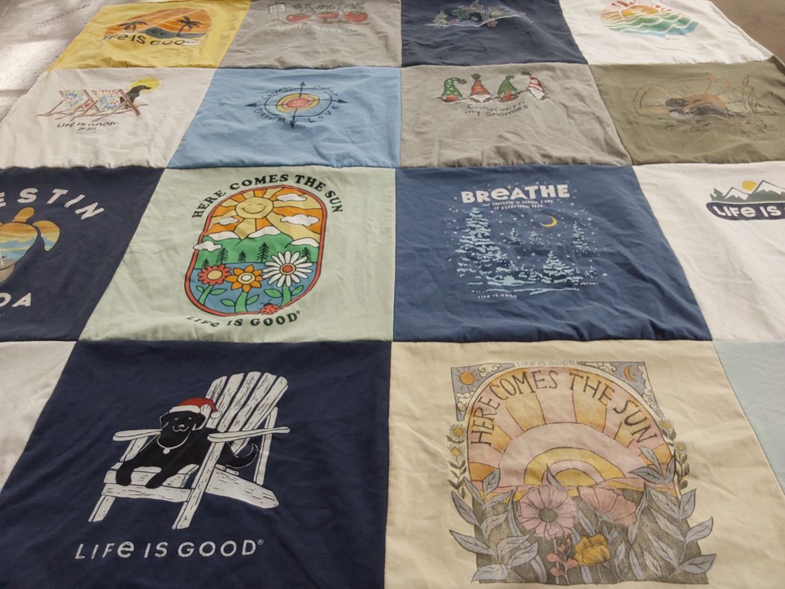 T-shirt quilt with outdoors, positivity themes by Deb from NE