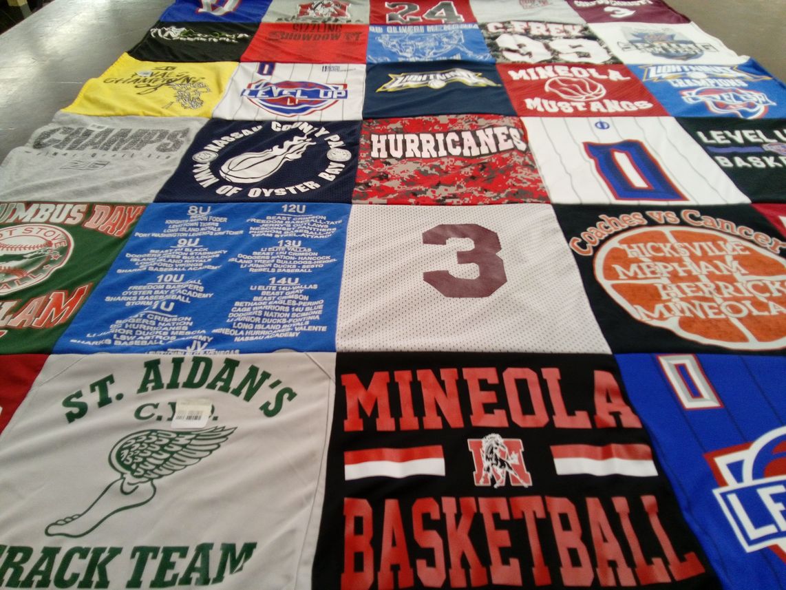 T-shirt quilt featuring mineola basketball, st. aidan's track team by Lisa from NY