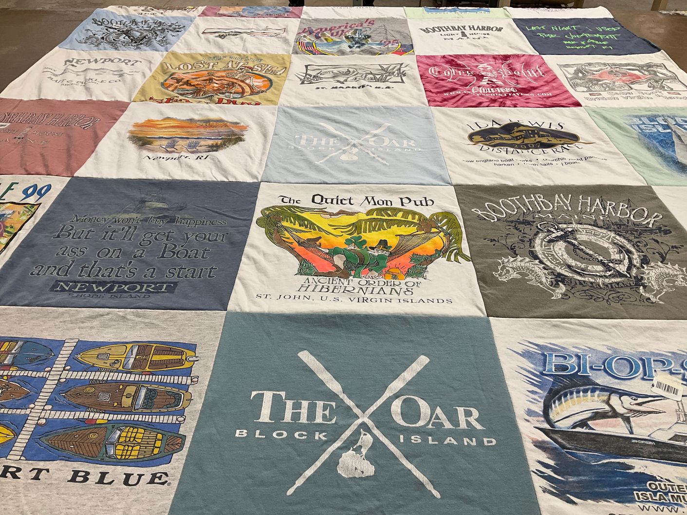 T-shirt quilt with boating, travel themes by Callie from VA
