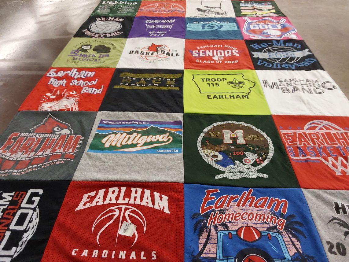 T-shirt quilt featuring earlham cardinals by Eliza from IA