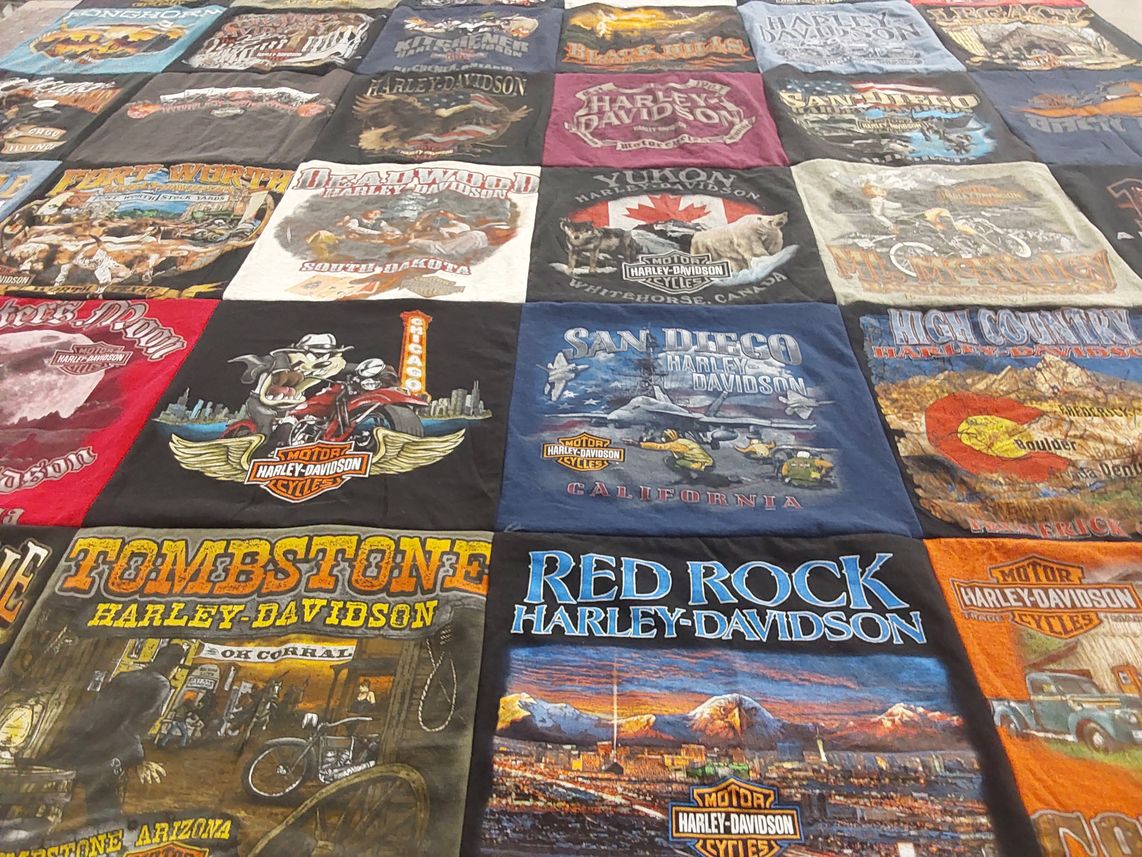 T-shirt quilt with motorcycles, biking themes by Susan from IN