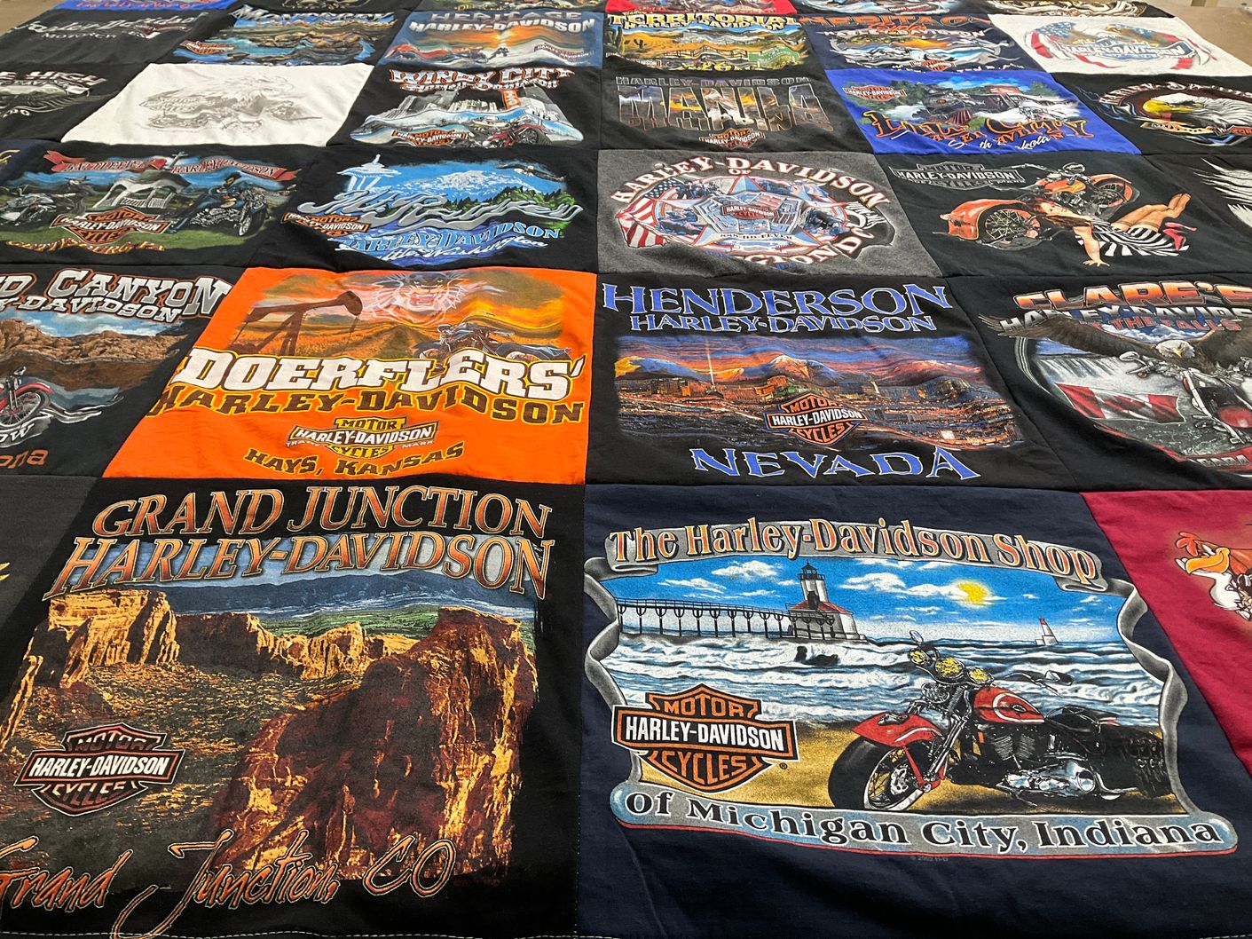 T-shirt quilt with motorcycles, biking themes by Susan from IN