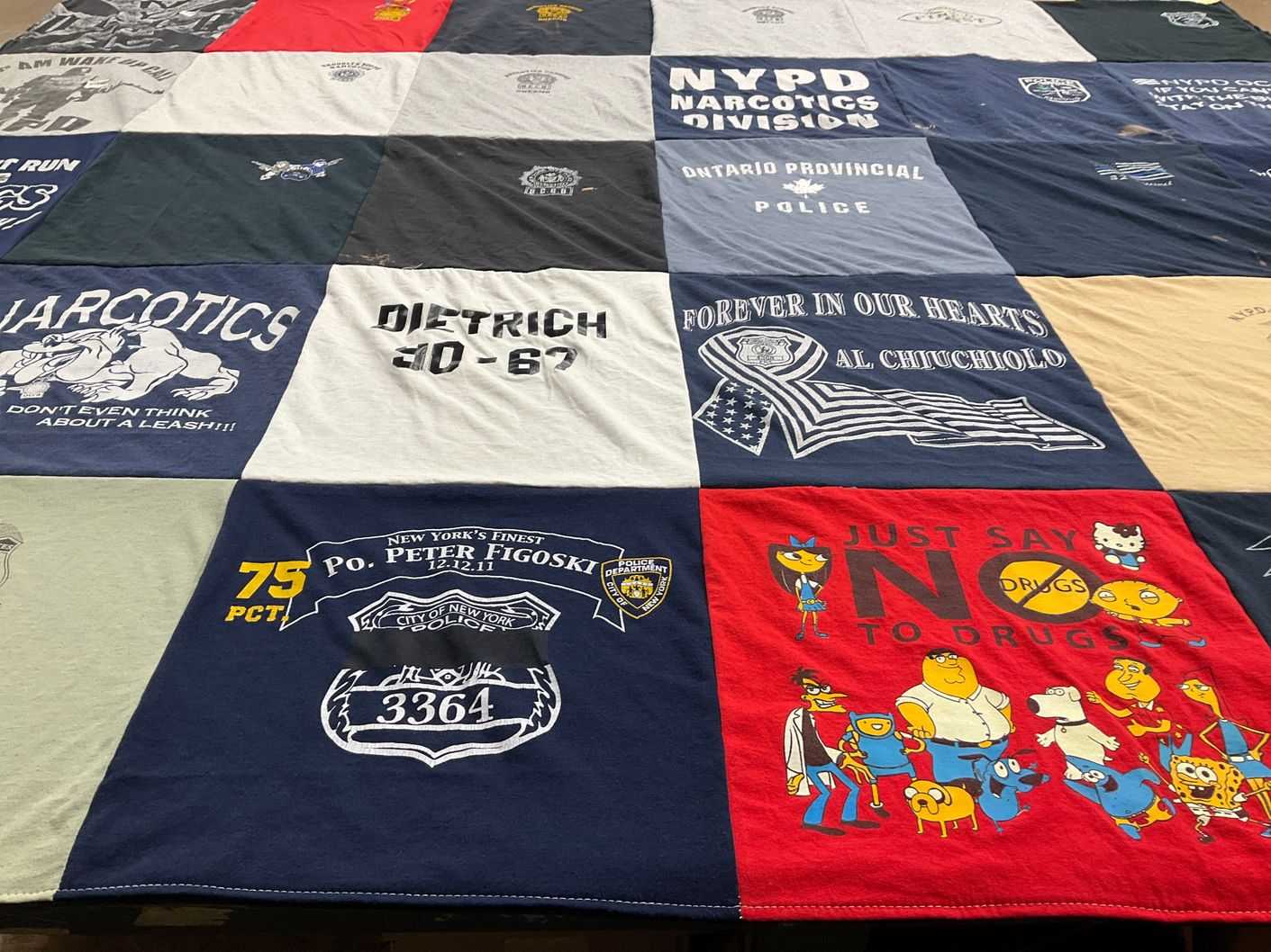 T-shirt quilt with law enforcement, drug awareness themes by kelly from NY