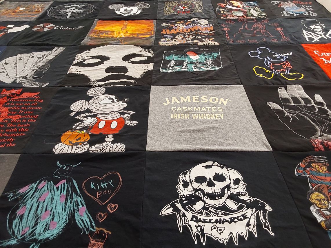T-shirt quilt with halloween, gaming themes by Peter from NV