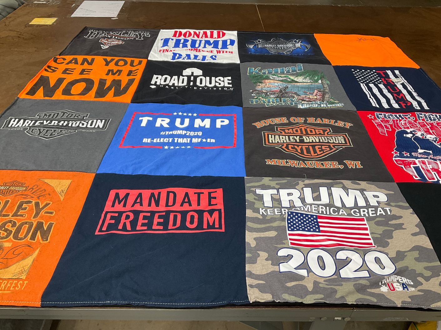T-shirt quilt with motorcycles, politics themes by Lisa from CA