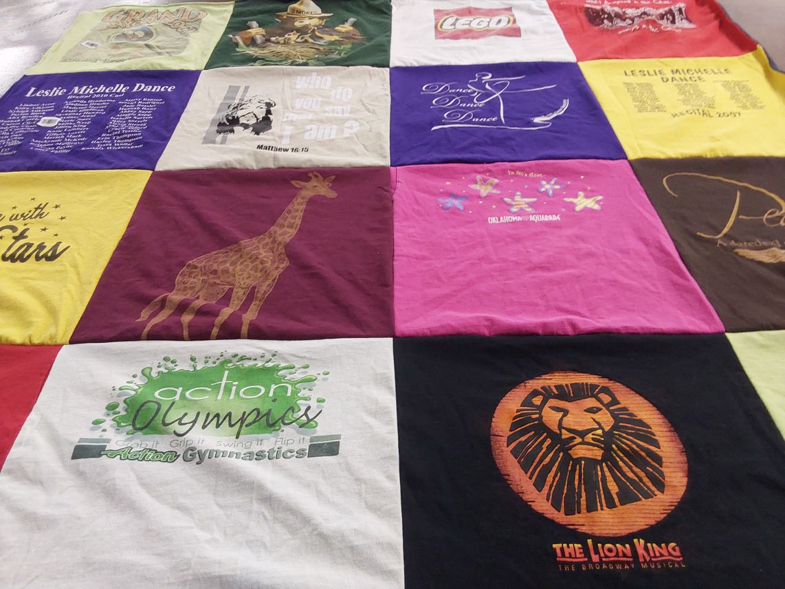 T-shirt quilt with dance, gymnastics themes by Natalie from OK