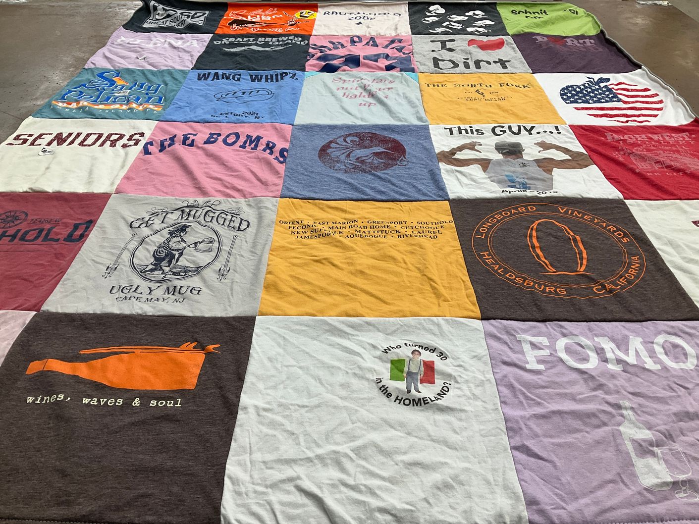 T-shirt quilt with wines, waves themes by Elena from NY