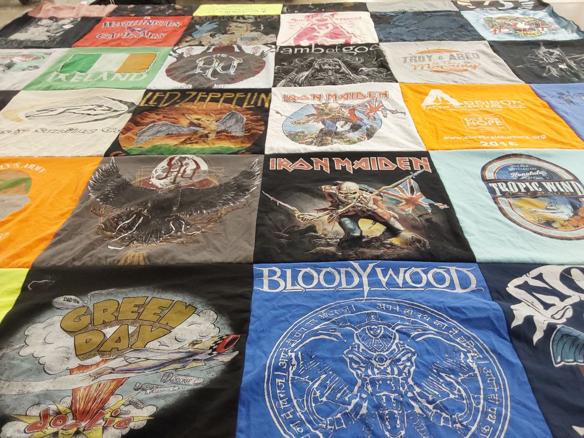 T-shirt quilt with music, rock themes by Julie from VA